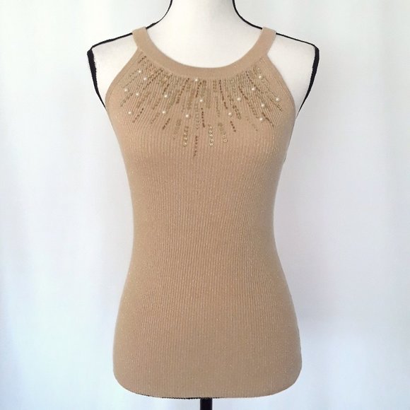 Vintage Y2K Cache Golden Tan Sleeveless Sequin Beaded Top - Picture 4 of 12